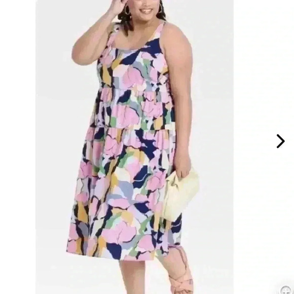 Ava & Viv Floral pink Print Smocked Tie Back Tiered Midi Dress with pocket 2X - Picture 1 of 8